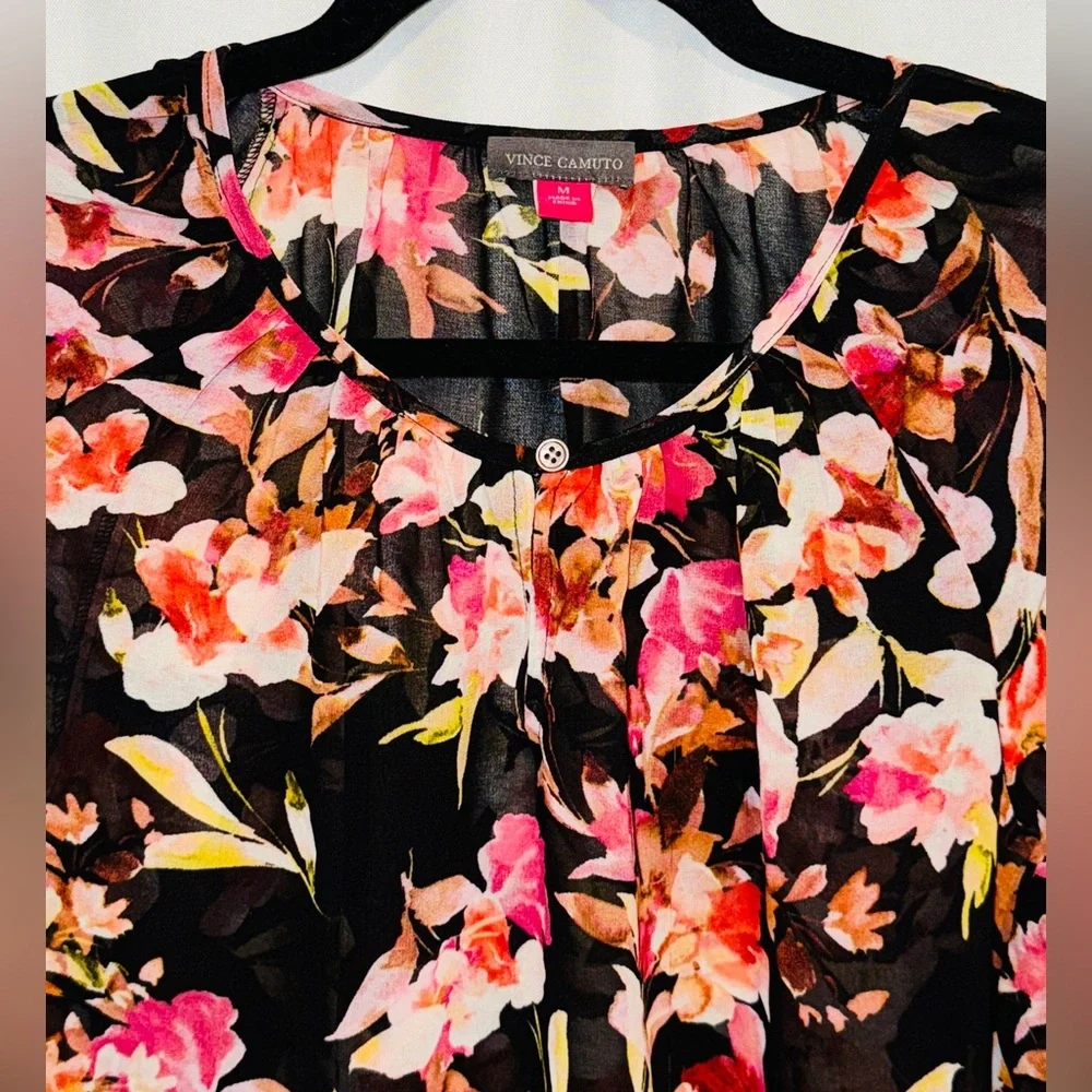 Lot 2 Vince Camuto Tops Red Dot Black Floral Sheer V-neck Blouse Dressy Career M - Picture 9 of 14